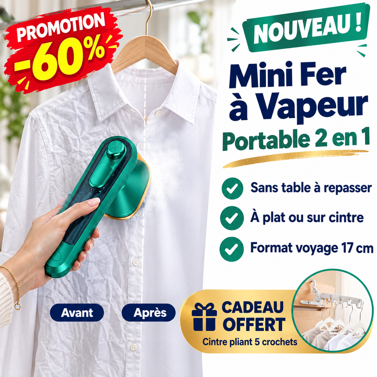 Mini fer à vapeur portable 2 en 1 :  Éliminez les plis en quelques secondes