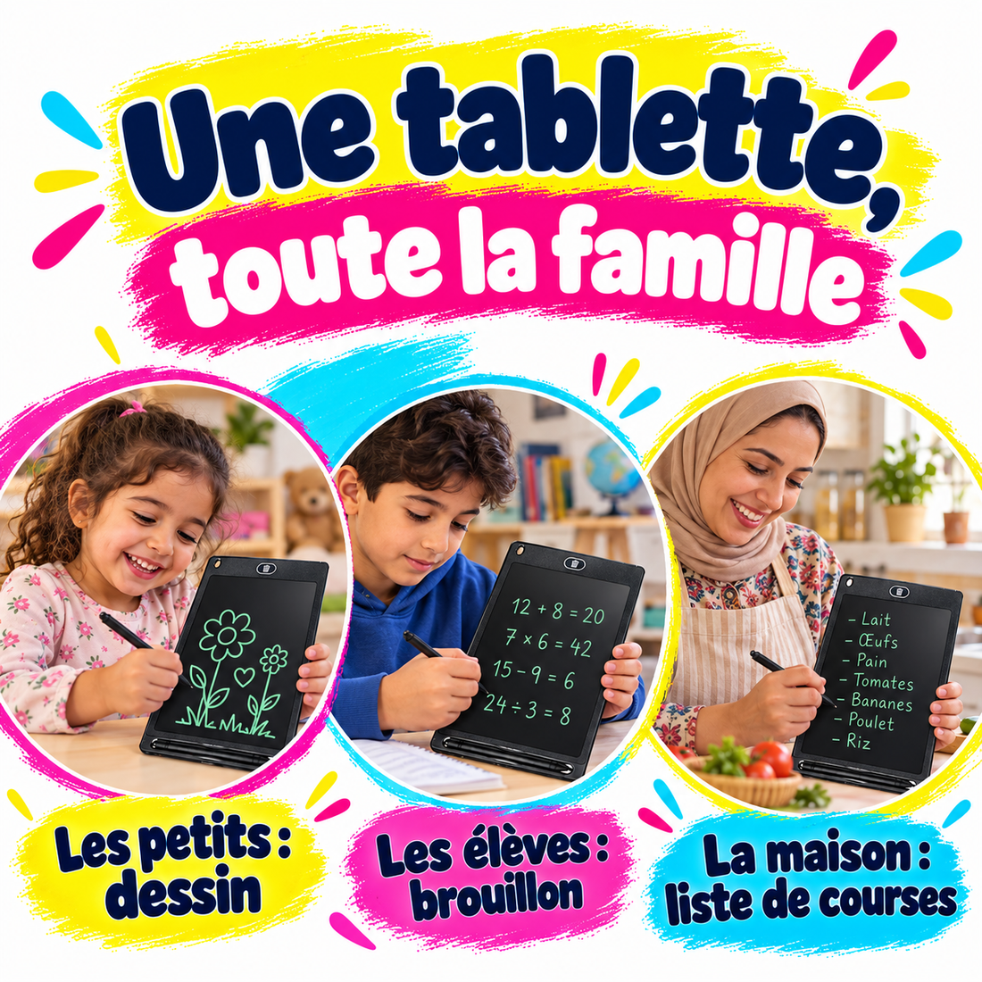 Dessin pour les petits, calcul pour les grands, liste de courses pour vous