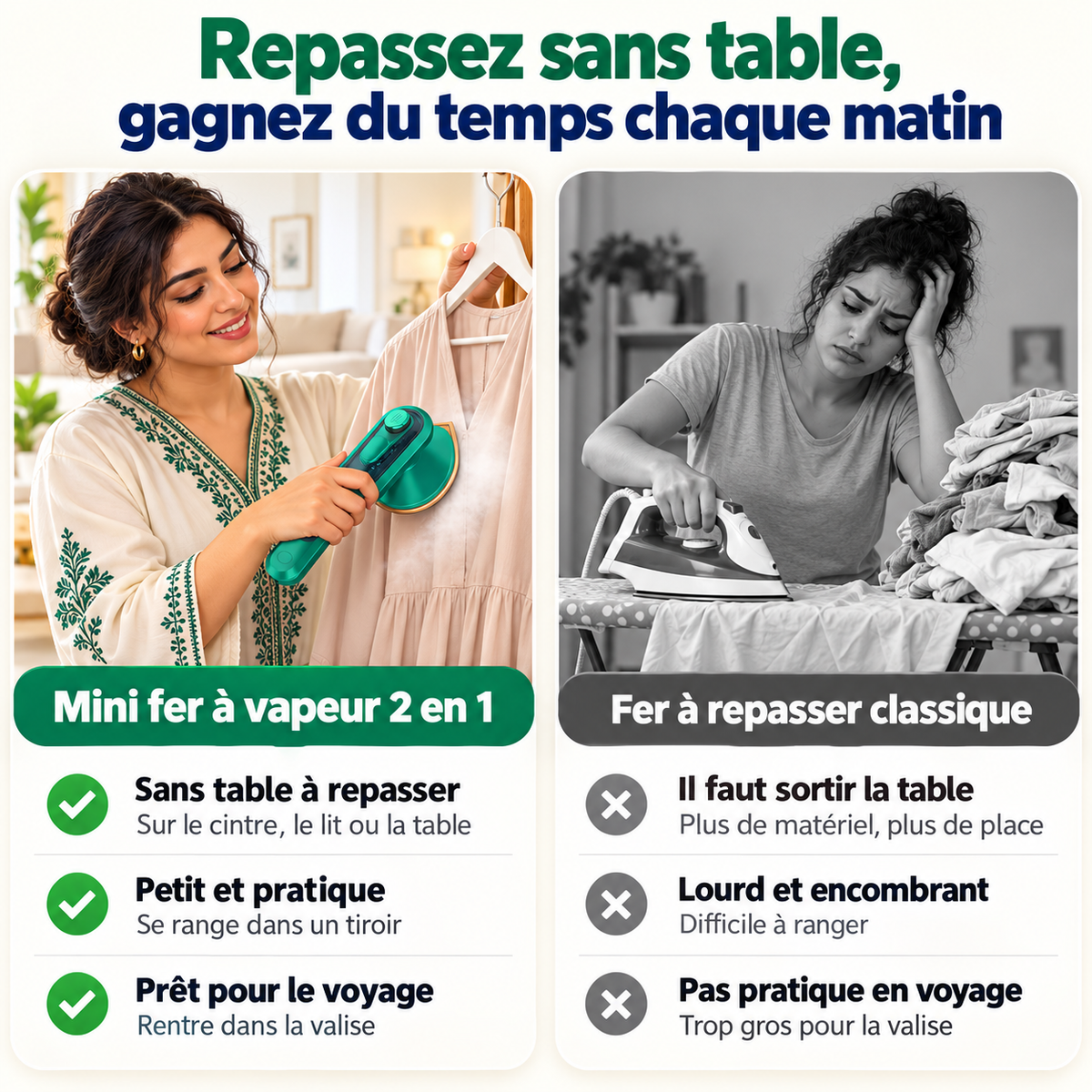 Mini fer à vapeur portable 2 en 1 :  Éliminez les plis en quelques secondes